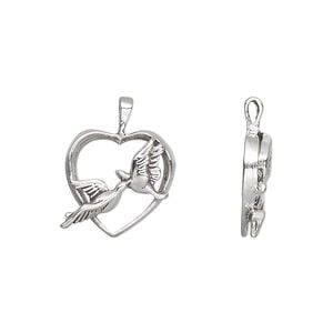 Charm, antiqued sterling silver, 15x13.5mm love birds in heart. Sold individually.