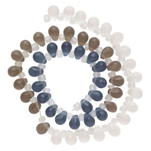 Bead, glass, translucent matte clear, dark blue and smoke, 8x6mm top-drilled teardrop with irregular rondelles. Sold per 14-inch strand.