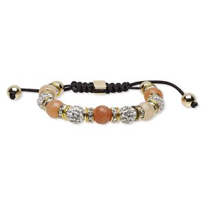 Bracelet, agate (dyed) / glass rhinestone / nylon / polymer clay / gold-finished steel / "pewter" (zinc-based alloy), multicolored, 10mm wide, adjustable from 6 to 8-1/2 inches with macram&eacute; knot closure. Sold individually.