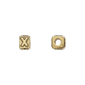 Bead 1pkg4 gold-plated pewter, 8x6mm rectangle / letter X, antique Dione&reg;