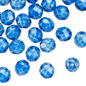 Czech fire-polished glass 1pkg50, faceted round bead translucent dipped d&eacute;cor sapphire blue 8mm