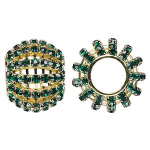 Bead 1pkg1 gold-finished, 25x20mm barrel / 3mm chatons, brass / emerald green rhinestone