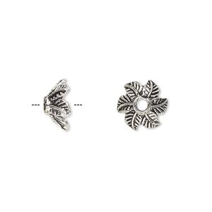 Bead cap, antique silver-finished "pewter" (zinc-based alloy), 10x5mm leaf with 2.5mm hole, fits 8-12mm bead. Sold per pkg of 20.
