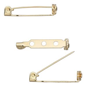 Pin back 1pkg10 gold-plated, 1 inch / locking bar, steel