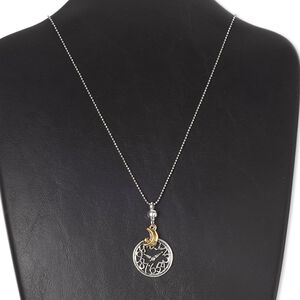 Necklace, silver-finished and antiqued gold-finished "pewter" (zinc-based alloy), 2-inch dangle with 28mm clock, 31 inches with ball chain connector. Sold individually.