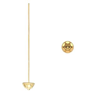 Head pin 1pkg2 sterling silver, 2 inch / 8x5mm half-round beaded cap, 21 gauge gold-finished