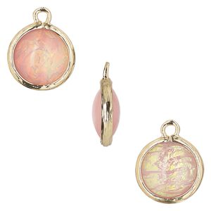 Drop, Opalized Ice&trade;, "opal" (resin) and gold-finished brass, light pink, 14mm double-sided round. Sold per pkg of 4.