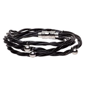 Bracelet, 3-strand wrap, leather (dyed) and stainless steel, black, 10mm wide twisted with 6mm round, 6-1/2 inches with magnetic clasp. Sold individually.