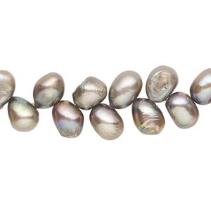 Pearl, cultured freshwater (dyed), pewter, 7x5mm-9x6mm herringbone-drilled flat-sided rice with 0.4-0.6mm hole, D grade, Mohs hardness 2-1/2 to 4. Sold per 15-inch strand.