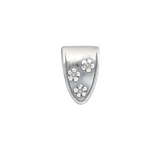 Bail, JBB Findings, fold over style, antiqued sterling silver, 16.5x10.5mm shield with flowers and 12mm grip length. Sold individually.