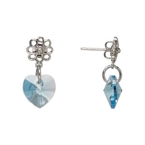 Earring, Everyday Jewelry&trade;, Crystal Passions&reg; and silver-plated "pewter", aquamarine, 21mm with flower and heart. Sold per pair.