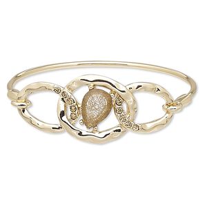 Bracelet, bangle, resin / glass rhinestone / gold-finished steel / "pewter" (zinc-based alloy), gold and light brown, 23mm wide, 7 inches with hook-and-eye clasp. Sold individually.