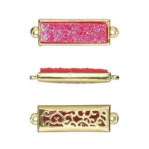 Link, Druzylite&trade;, "druzy" (resin) and gold-finished brass, hot pink, 21x8mm two-sided rectangle with open filigree back. Sold per pkg of 4.