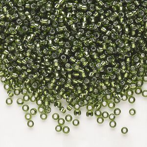 Seed bead, Dyna-Mites&trade;, glass, pkg/40g, #11 round, transparent silver-lined olive green, (55:RR 11/0 RR).