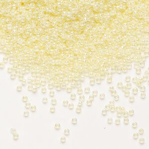 Seed bead, Miyuki, glass, pkg/35g, #15 rocaille, opaque inside dyed color luster light lemon ice alabaster base (RR-514).