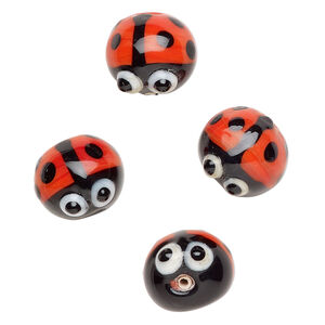 Bead, lampworked glass 1pkg4, opaque red / white / black, 16x13mm lady bug.