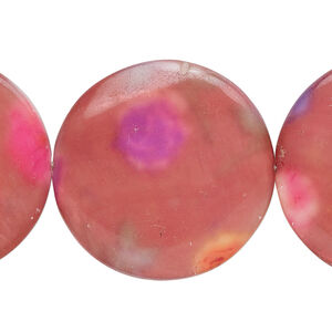 Mother-of-pearl shell 1pkg1, puffed flat round bead 14 inch pink / brown / purple 28-30mm