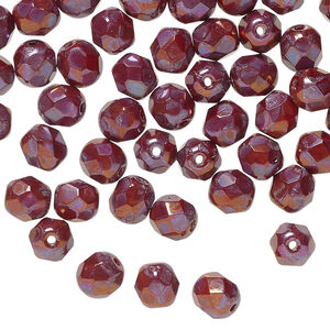 Bead, Czech fire-polished glass 1pkg60, opaque red nebula, 6mm   faceted round.
