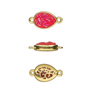 Link, Druzylite&trade;, "druzy" (resin) and gold-finished brass, hot pink, 11.5x8.5mm two-sided teardrop with open filigree back. Sold per pkg of 4.