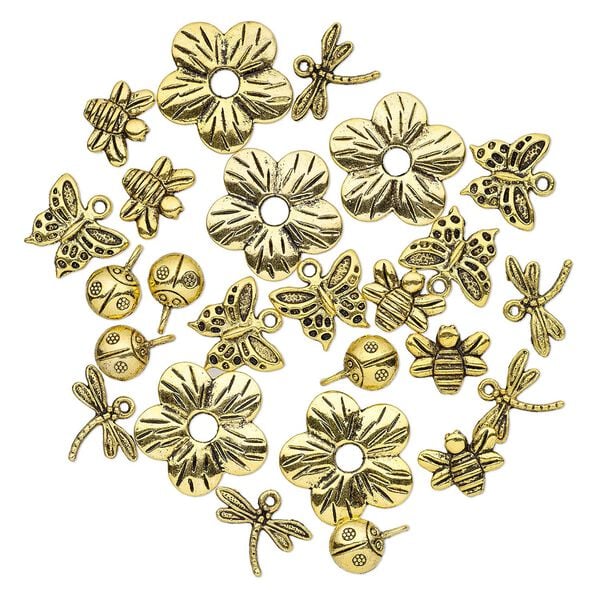 Bead & charm mix 1pkg25 gold-finished "pewter", 9x9mm-23x23mm flower / insect / single-sided / 2sided, antique image number 0