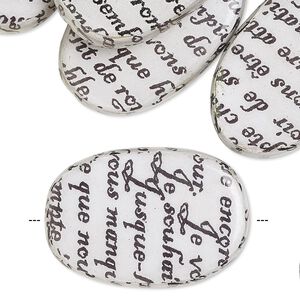 Bead, wood / newspaper / acrylic, white and black, 30x20mm double-sided flat oval with phrase in French. Sold per pkg of 8.