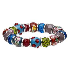 Bracelet, stretch, acrylic / glass / porcelain / silver-plated "pewter" (zinc-based alloy), multicolored, 13mm wide, 6 inches. Sold individually.