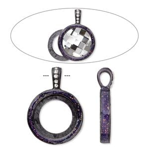 Pendant, Almost Instant Jewelry&reg;, epoxy / crystals / gunmetal-finished "pewter" (zinc-based alloy), amethyst purple and crystal clear with glitter, 33x24mm single-sided with 20mm round setting. Sold individually.