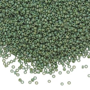 Seed bead, Miyuki, glass, pkg/35g, #15 rocaille, opaque matte rainbow basil green, (RR-4700).