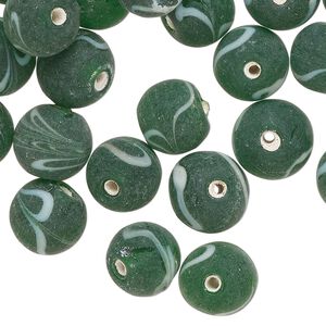 Bead, lampworked glass, opaque dark green and white, 10mm round with swirl design. Sold per 2-ounce pkg, approximately 40 beads.