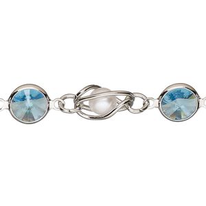 Chain, VINTAGE Crystal&trade;, imitation rhodium-plated brass and crystal, aquamarine and white, 9mm round pearl and rivoli link. Sold per pkg of 1 meter.