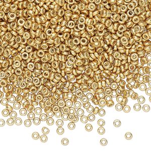 Seed bead, Miyuki, glass, pkg/10g, 2.2x1mm spacer rondelle, opaque gold finish, (SPR2.2-4202).