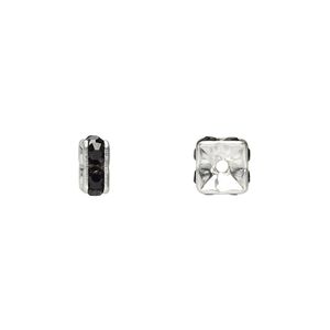 Bead 1pkg10 silver-plated, 6x3mm squaredelle, brass / black rhinestone