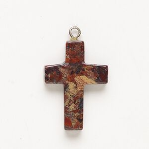 Brecciated jasper / steel 1pkg1, silver-finished cross drop natural 24x19mm-28x20mm