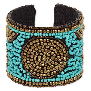 Bracelet, cuff, cotton / glass / steel, antique gold / turquoise blue / multicolored, 52mm wide with circle design, adjustable from 6-1/2 to 7 inches. Sold individually.