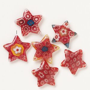 Bead, millefiori glass, translucent red and multicolored, 23x21mm half-drilled puffed star. Sold per pkg of 6.