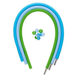 Bracelet cord 1pkg3 silicone and stainless steel, light blue / turquoise blue / green, 4mm round, 7-1/2 inches with pop-style clasp.