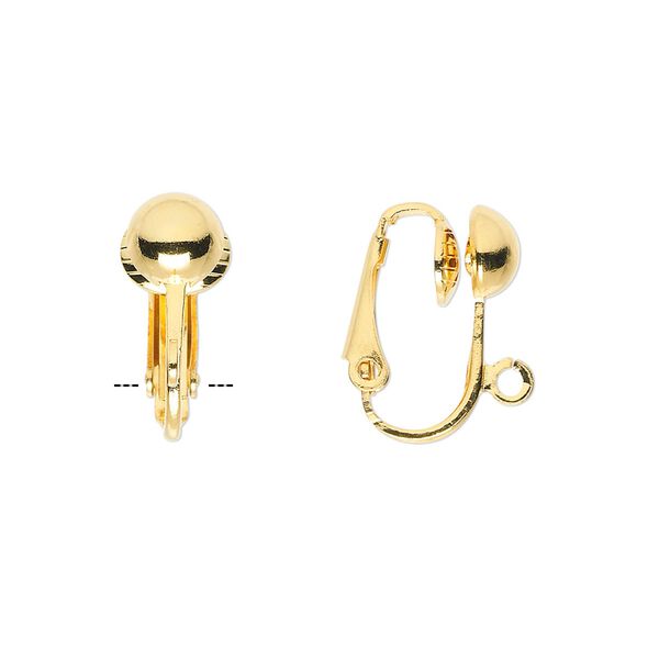 Earring clip-on 1pkg10 gold-plated, 16mm hinged / 6.5mm half-ball / open loop, steel 5 pair image number 0
