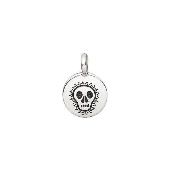 Drop, TierraCast&reg;, antique silver-plated pewter (tin-based alloy), 12mm single-sided flat round with fancy skull. Sold per pkg of 2. image number 0