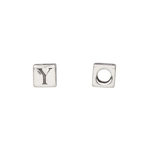 Bead 1pkg1 sterling silver, 5.5mm cube / letter Y, antiqued Dione&reg;