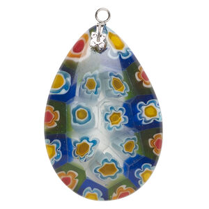 Focal 1pkg1 millefiori glass and silver-finished steel, translucent multicolored, 46x30mm-48x32mm puffed teardrop.