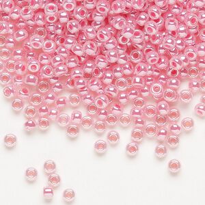 Seed bead, Miyuki, glass, pkg/250g, #8 rocaille, opaque carnation pink luster alabaster (RR-535).