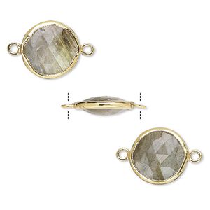 Link, labradorite (natural) and gold-finished sterling silver, 12mm double-sided faceted round. Sold per pkg of 2.