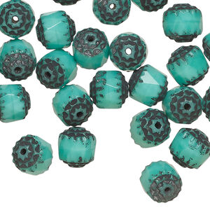 Bead, Czech glass 1pkg40, opaque turquoise blue and black, 8mm round cathedral.