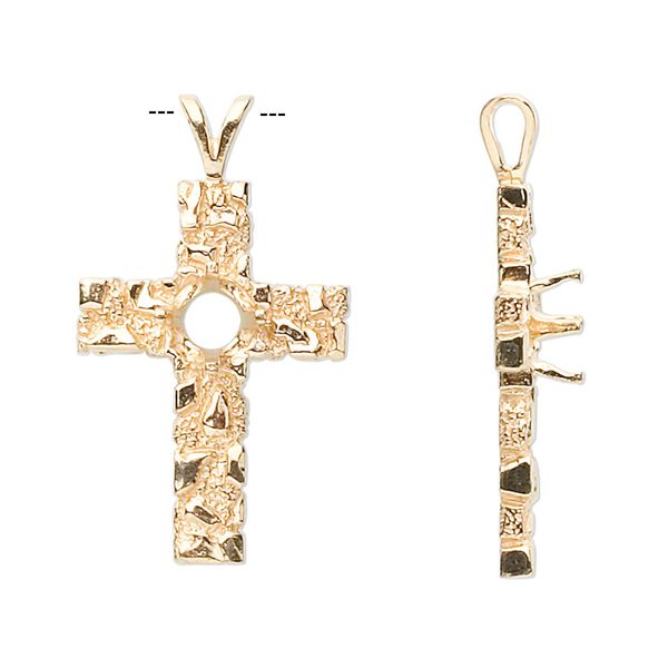 Pendant, Sure-Set&trade;, 14Kt gold, 30.5x17.5mm cross with 6mm pre-notched 4-prong round setting. Sold individually. image number 0