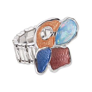 Ring, stretch, enamel / resin / imitation rhodium-finished "pewter" (zinc-based alloy), opalescent multicolored, 28x27mm freeform flower, size 7-9. Sold individually.