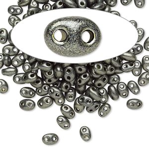 Seed bead, Preciosa Twin&trade; Czech glass, pkg/10g, 5x2.5mm oval, opaque khaki green terra pearl black, (28986).