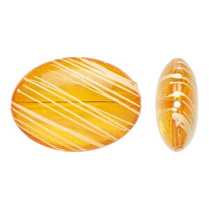 Bead, acrylic, semitransparent orange and white, 33x24mm puffed oval with painted line design. Sold per pkg of 18.