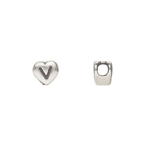 Bead 1pkg1 sterling silver, 7.5x7mm heart / letter V, antiqued Dione&reg;