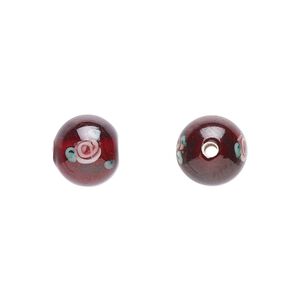 Bead, Czech lampworked glass, opaque red / pink / green, 8-9mm round with flower design. Sold per pkg of 6.