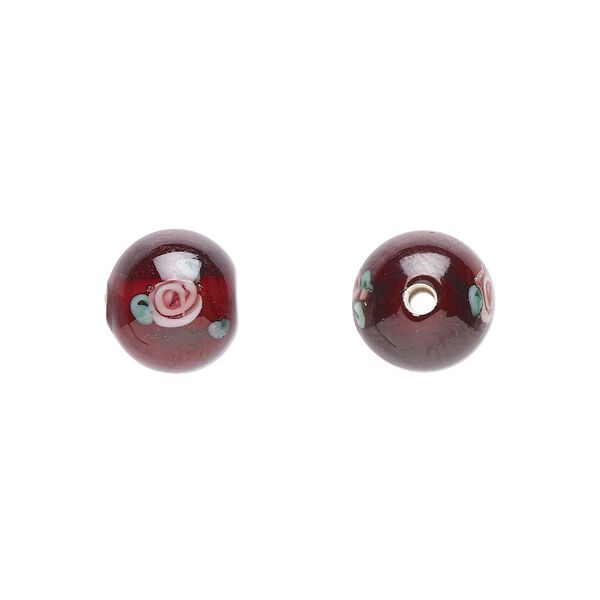 Bead, Czech lampworked glass, opaque red / pink / green, 8-9mm round with flower design. Sold per pkg of 6. image number 0